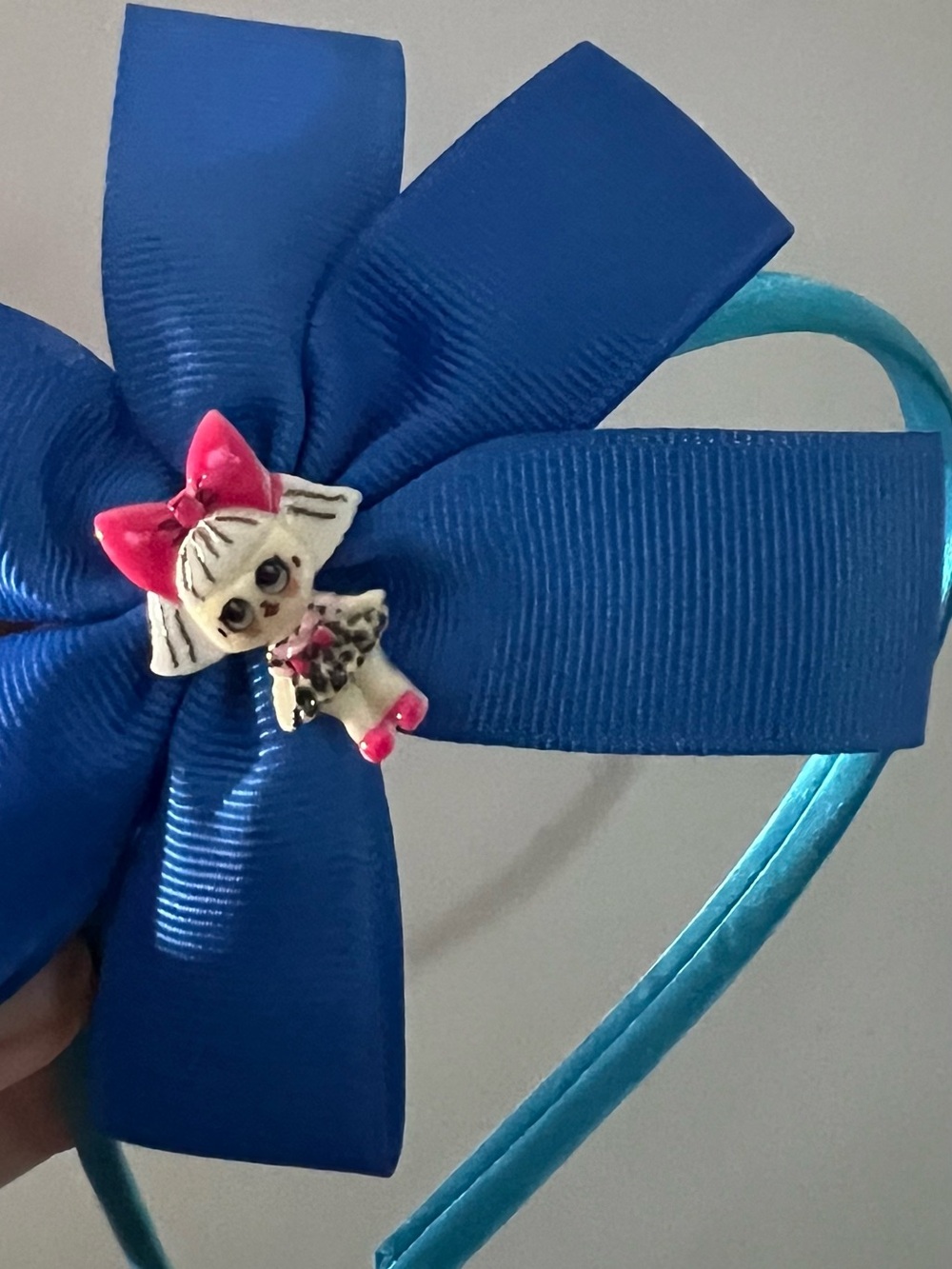 Blue Ribbon Bow Headband with Doll Accent - Kids Hair Accessory
